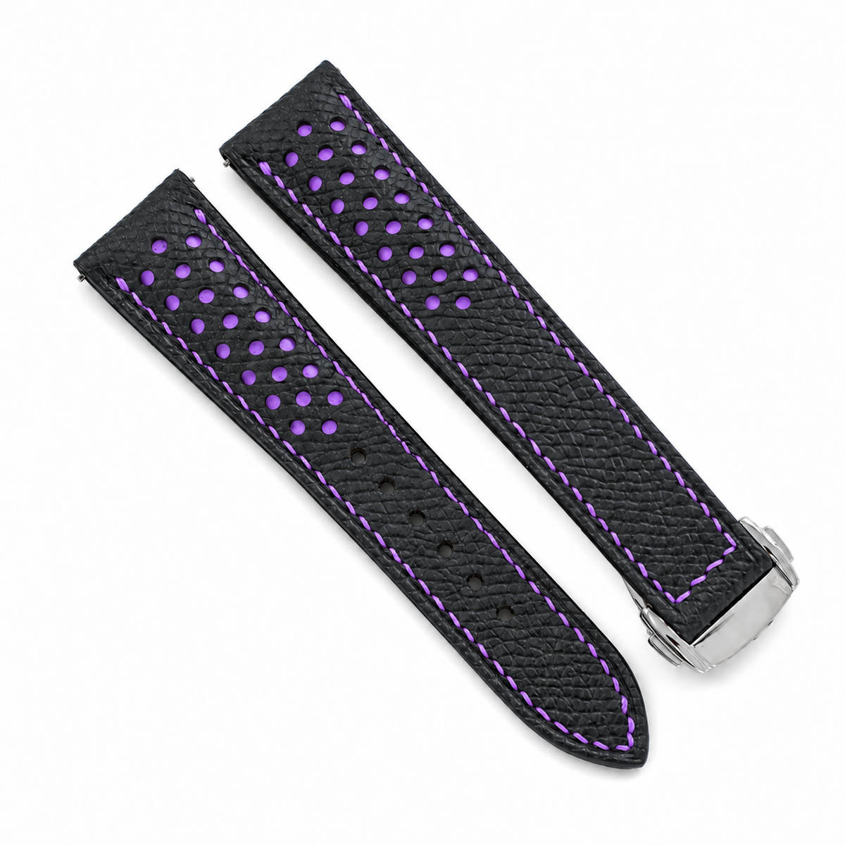 Deployant Racing Rally Black and Purple Epsom Leather Watch Strap - side profile purple stitch