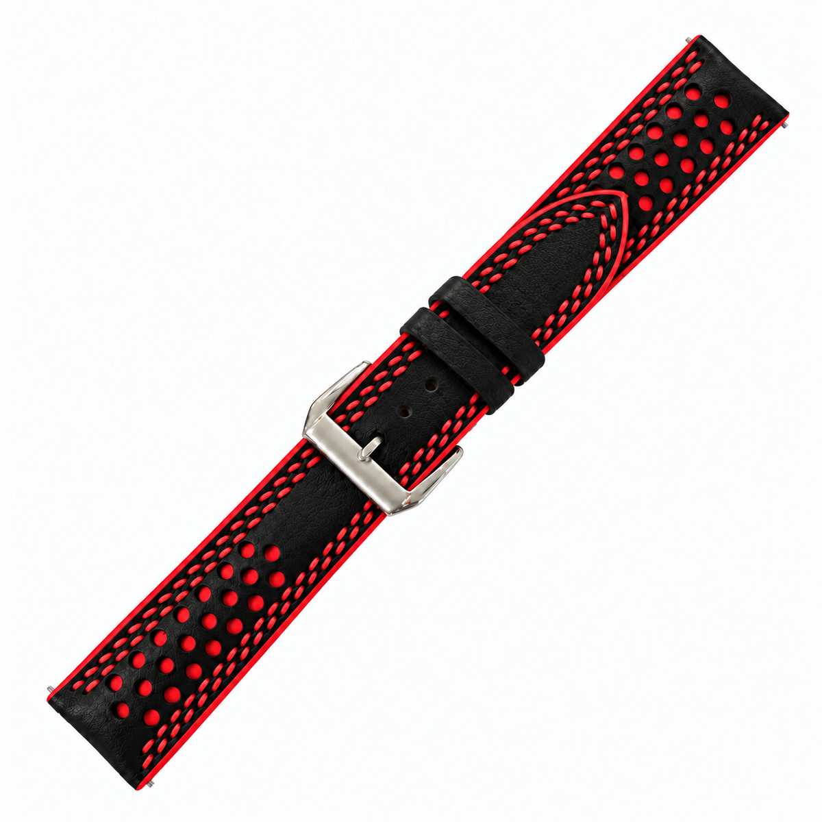 Black and Red Racing Holes Rally Swift Leather Watch Strap - Double Stitch - assembled on buckle