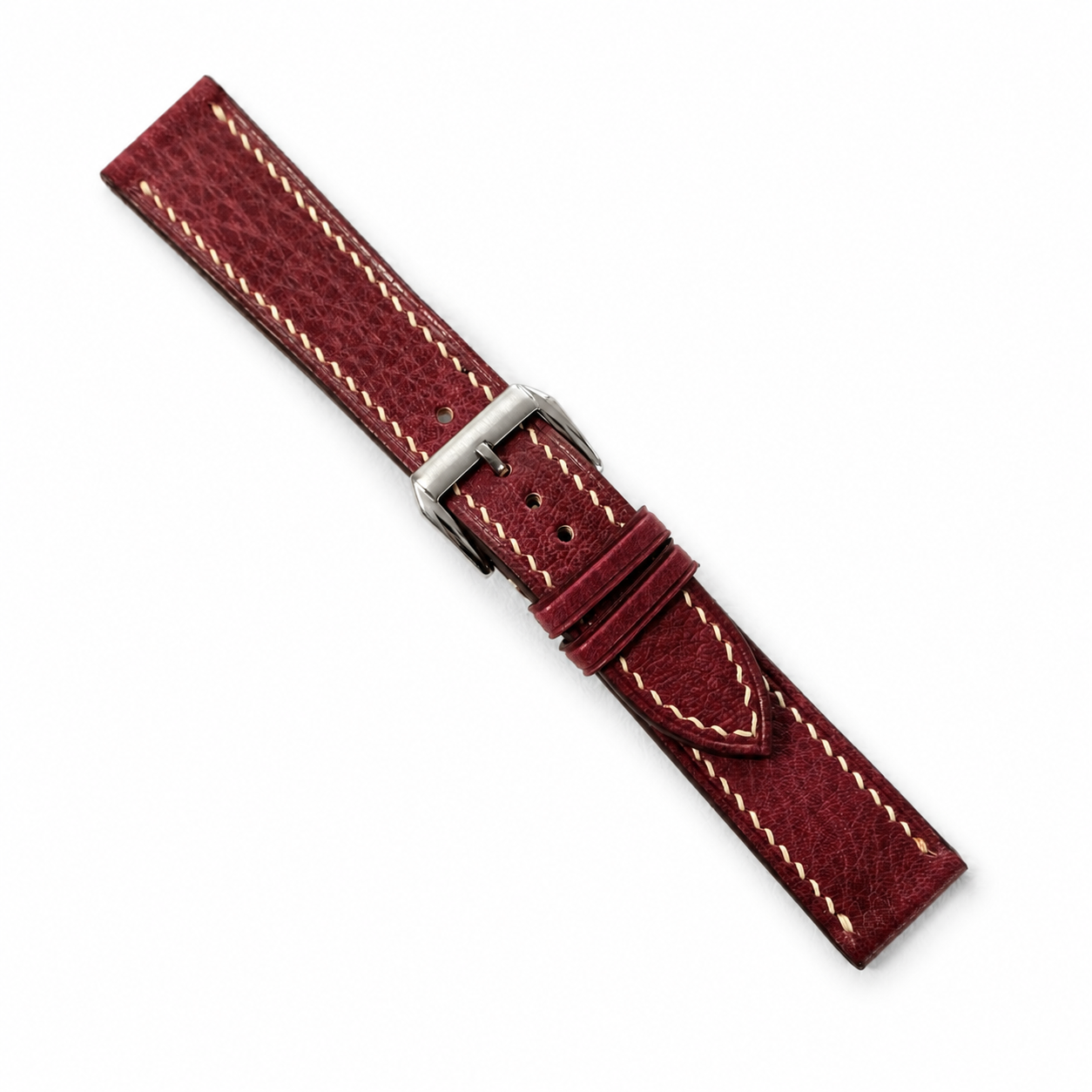 Burgundy red Italian leather watch strap, angled view with brushed steel buckle