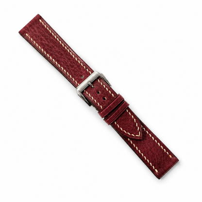 Burgundy red Italian leather watch strap, angled view with brushed steel buckle