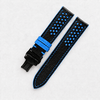 Black and Blue Racing Holes Rally Epsom Leather Watch Strap - Blue Keeper - two piece diagonal