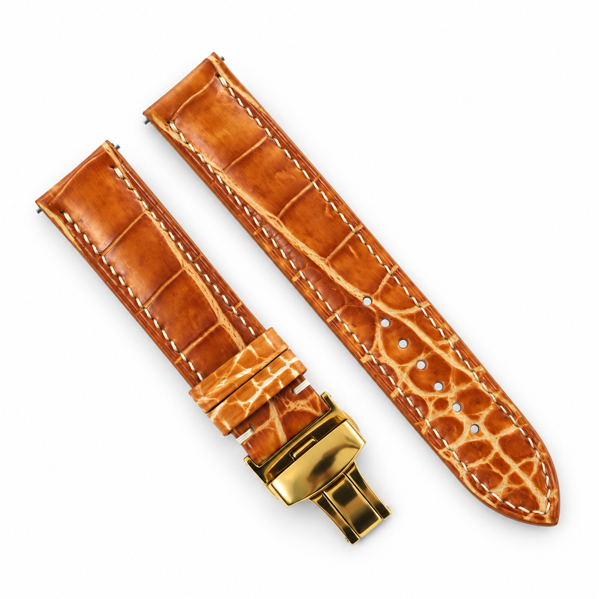 Cognac Patina Alligator Leather Watch Strap - two piece diagonal