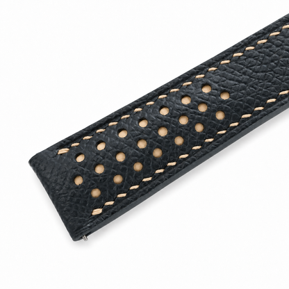 Deployant Racing Rally Black and Beige Epsom Leather Watch Strap - two piece diagonal