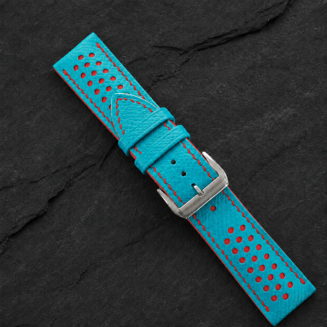 Turquoise and Red Racing Small Holes Rally Epsom Leather Watch Strap