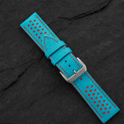 Turquoise and Red Racing Small Holes Rally Epsom Leather Watch Strap