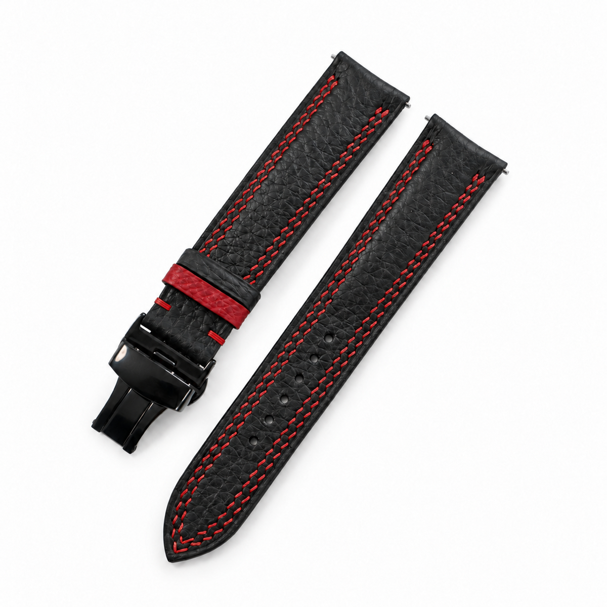 Black Togo Red Double Stitch Leather Watch Strap - side profile