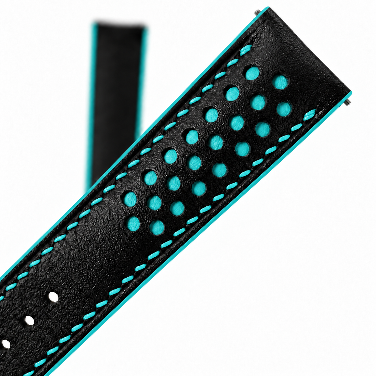 Black and Turquoise Racing Holes Rally Swift Leather Watch Strap - racing holes turquoise underlay macro