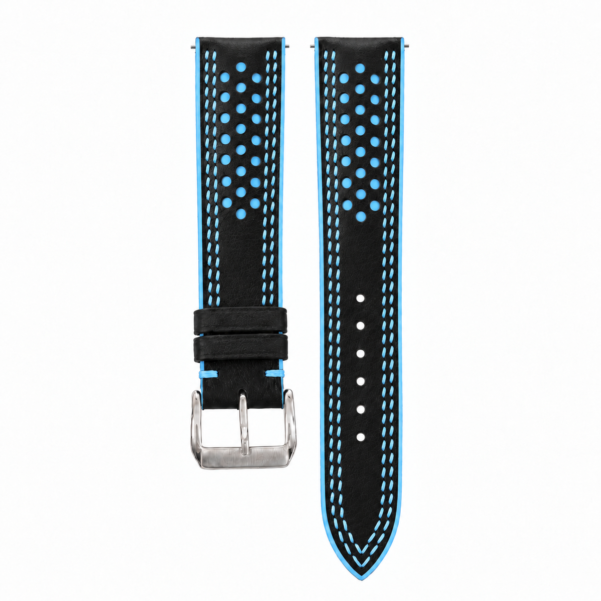 Black and Light Blue Racing Holes Rally Swift Leather Watch Strap - Double Stitch - hero