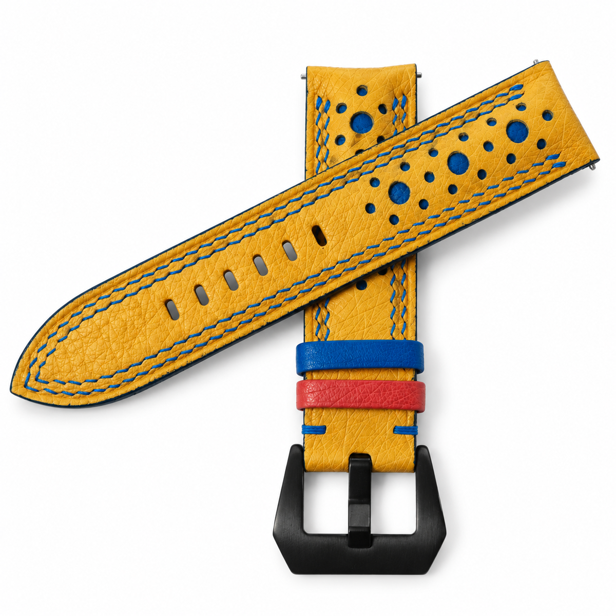 Yellow Ostrich Racing Large Holes Leather Watch Strap - crossed two piece