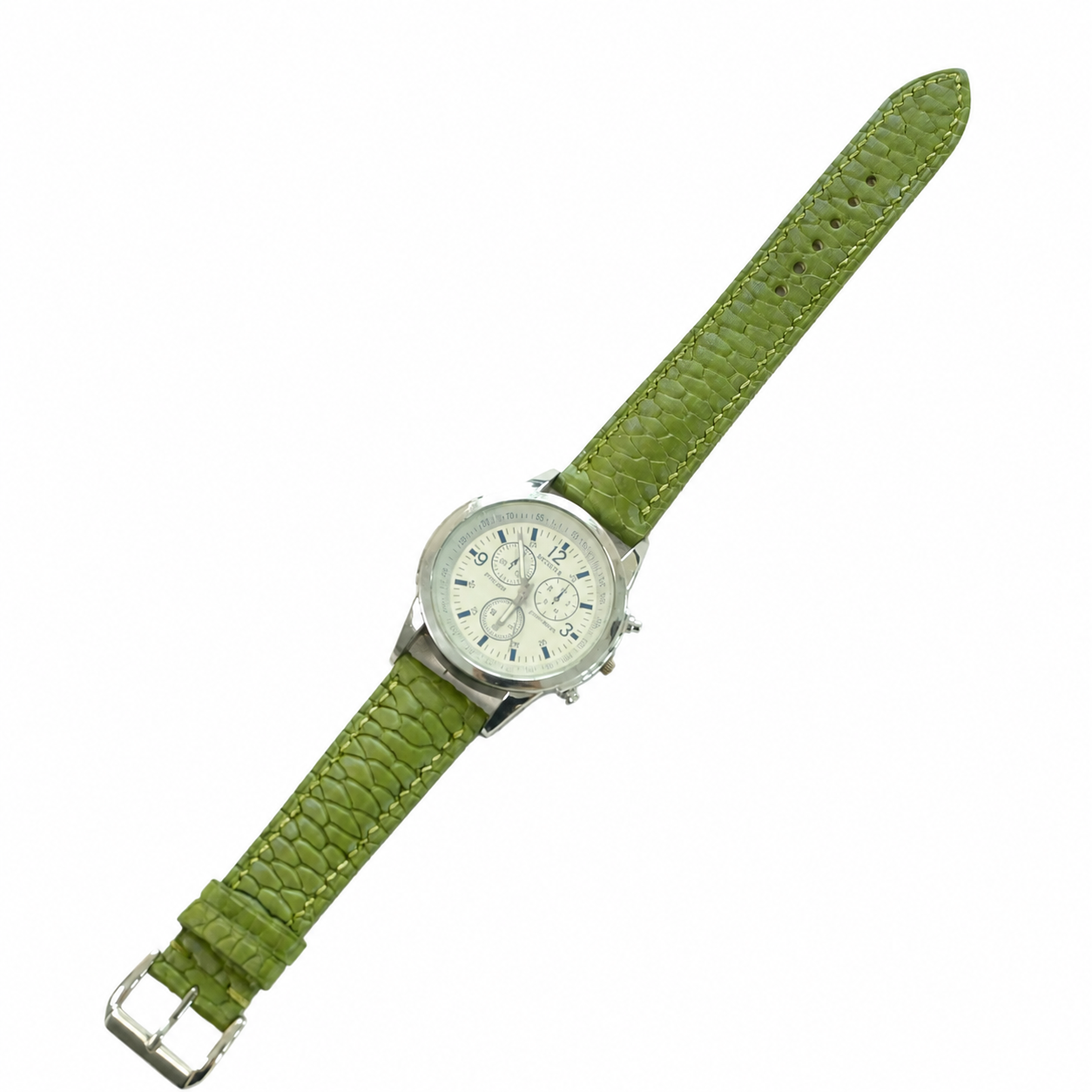 Olive green beaver tail watch strap fitted on a chronograph watch, angled view