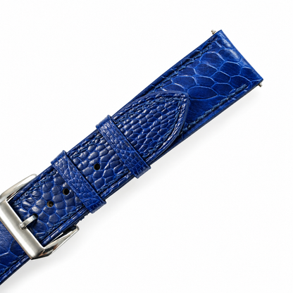 Blue Ostrich Leg Leather Watch Strap - buckle and keepers detail