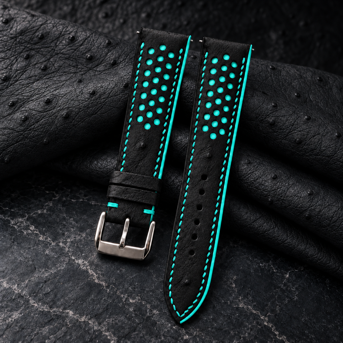 Black and Turquoise Racing Small Holes Ostrich Leather Watch Strap - hero
