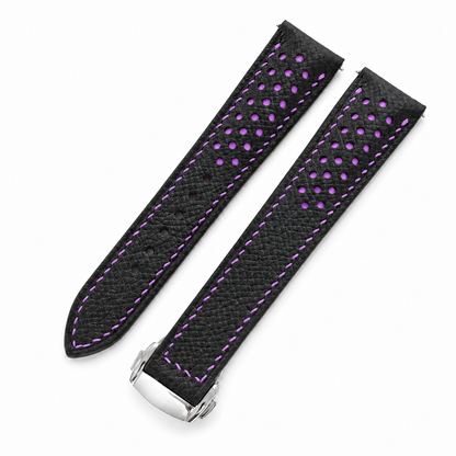 Deployant Racing Rally Black and Purple Epsom Leather Watch Strap - racing holes purple underlay macro