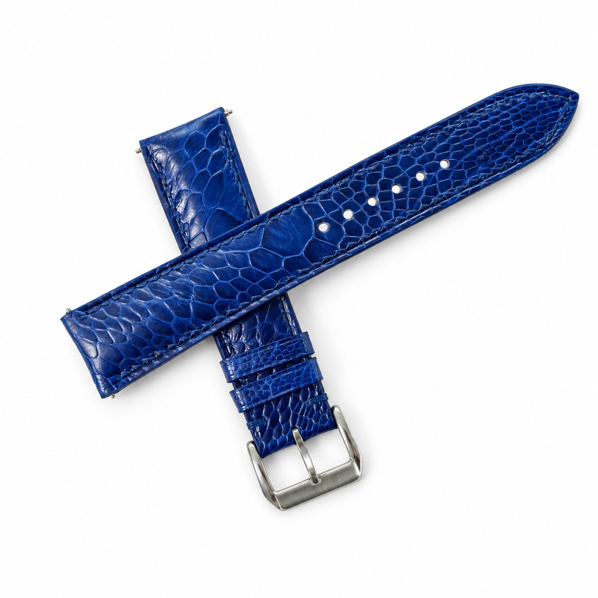 Blue Ostrich Leg Leather Watch Strap - crossed two piece