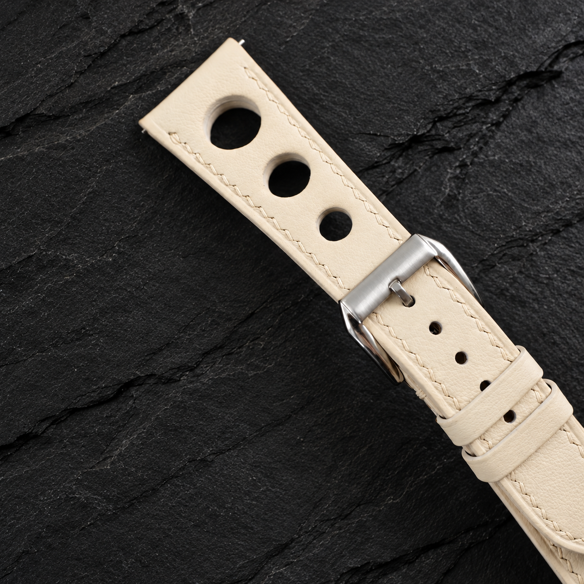 Milky White 3 Holes Rally Swift Leather Watch Strap - side profile edge