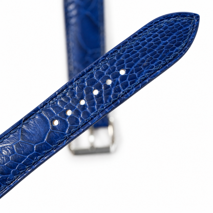 Blue Ostrich Leg Leather Watch Strap - tip and holes detail