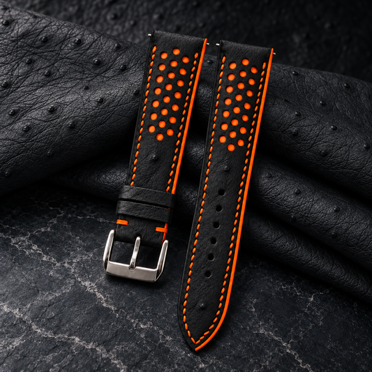 Black and Orange Racing Small Holes Ostrich Leather Watch Strap - hero with leather