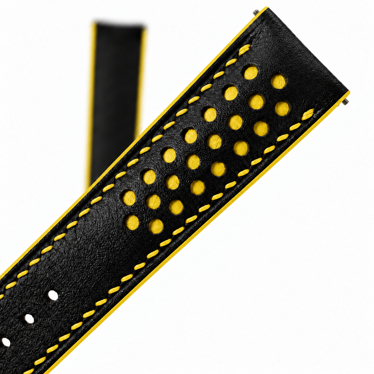 Black and Yellow Racing Holes Rally Swift Leather Watch Strap - racing holes yellow underlay macro