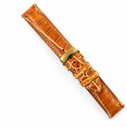 Cognac Patina Alligator Leather Watch Strap - assembled on buckle