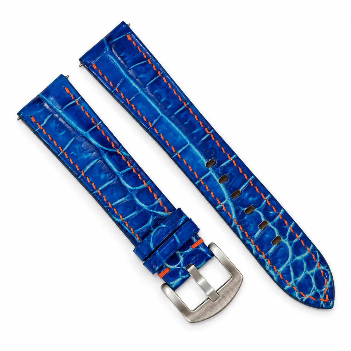 Cobalt Blue Patina Alligator Leather Watch Strap - two piece diagonal