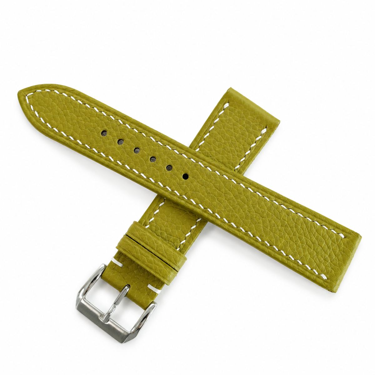 Olive green Togo watch strap, crossed halves showing the pebbled grain