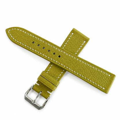 Olive green Togo watch strap, crossed halves showing the pebbled grain