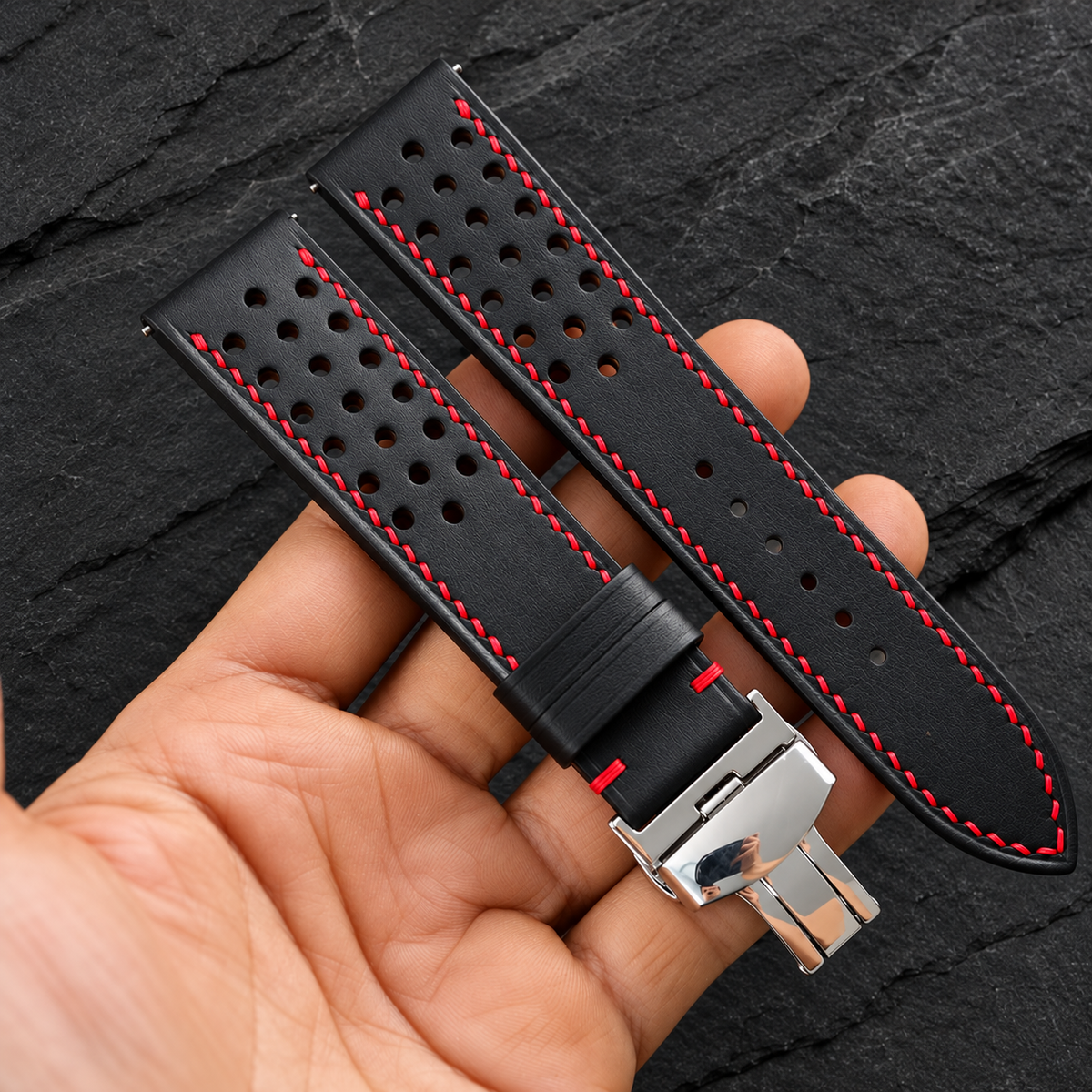 Black Through-Hole Rally Swift Leather Watch Strap - Red Stitch - two piece diagonal