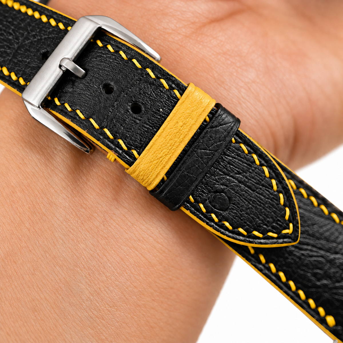 Black Ostrich Leather Watch Strap - Yellow Stitch - side profile yellow edge