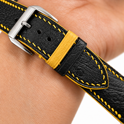 Black Ostrich Leather Watch Strap - Yellow Stitch - side profile yellow edge