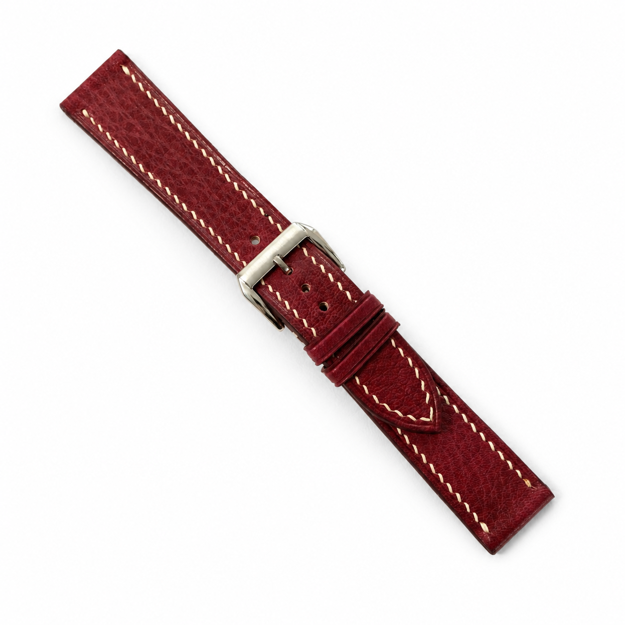Burgundy red Italian leather watch strap, full length with keeper and cream stitching