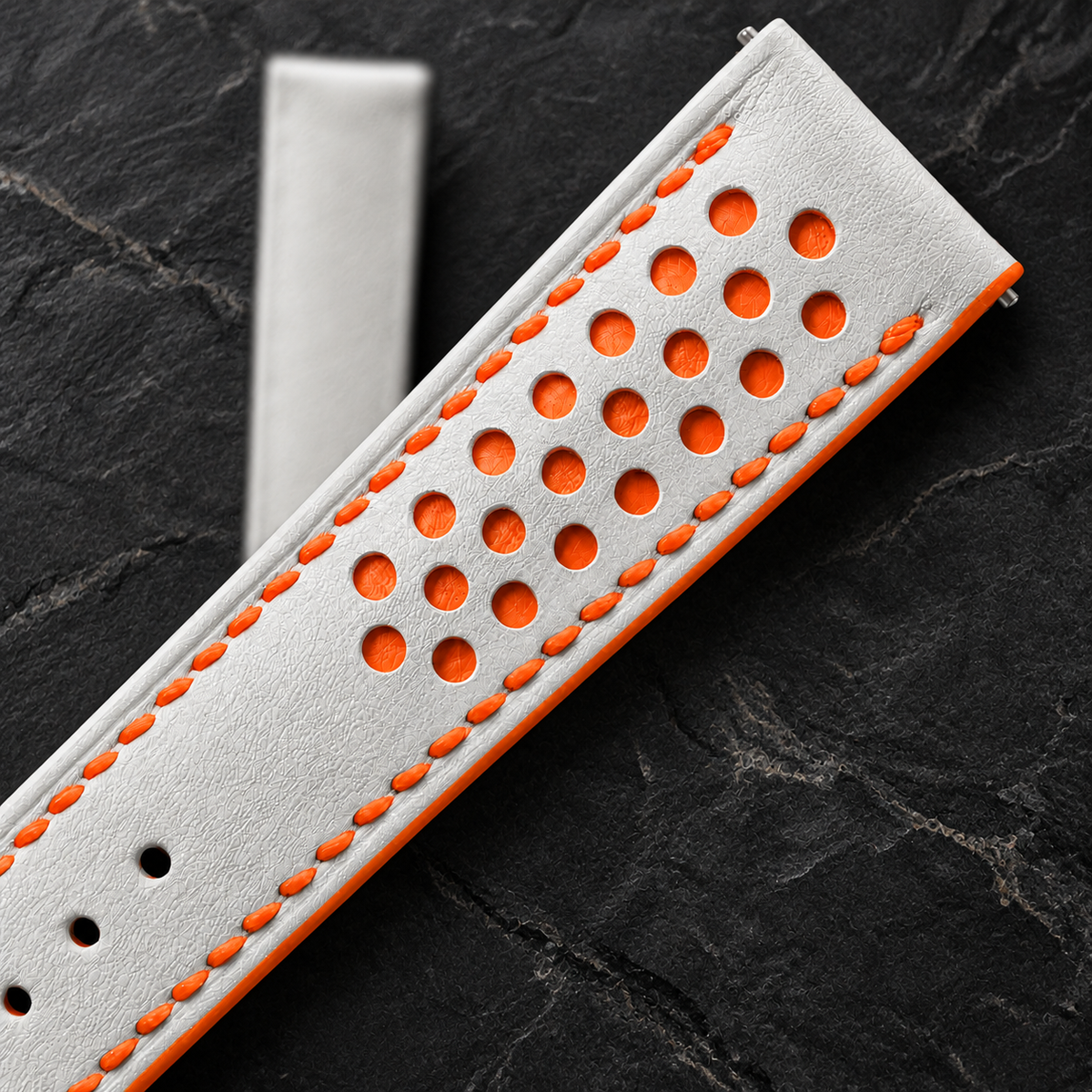 Milky White and Orange Racing Holes Rally Swift Leather Watch Strap - two piece diagonal