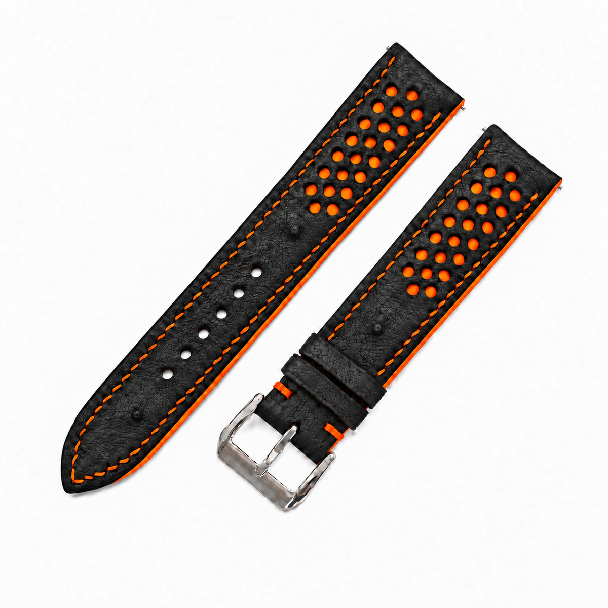 Black and Orange Racing Small Holes Ostrich Leather Watch Strap - side profile orange edge