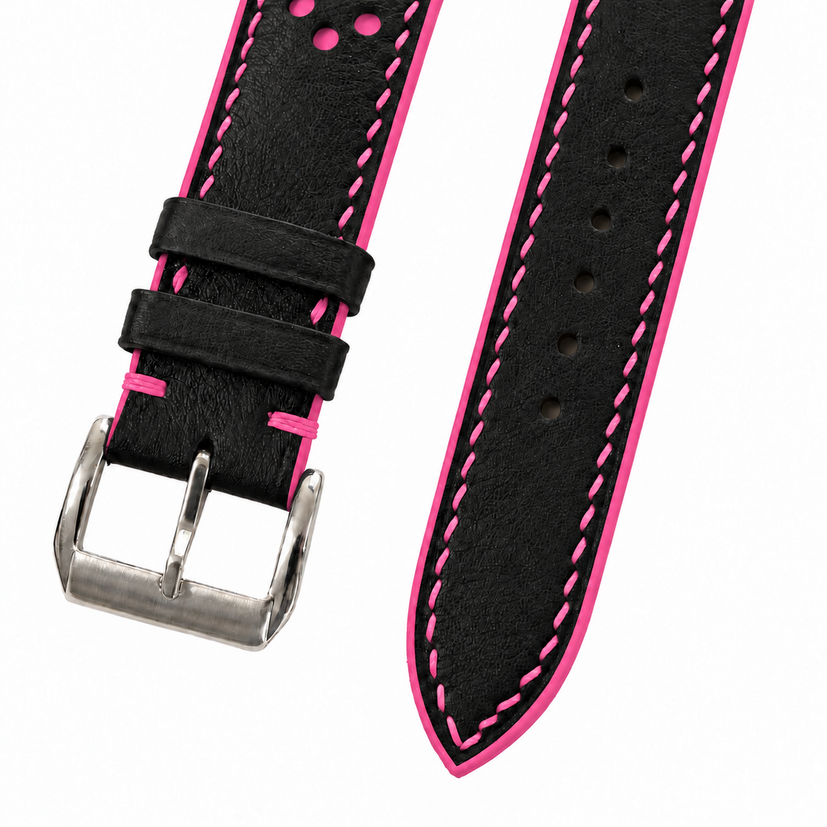 Black and Pink Racing Holes Rally Swift Leather Watch Strap - two piece diagonal