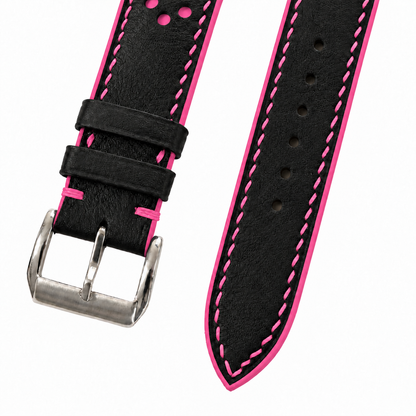 Black and Pink Racing Holes Rally Swift Leather Watch Strap - two piece diagonal