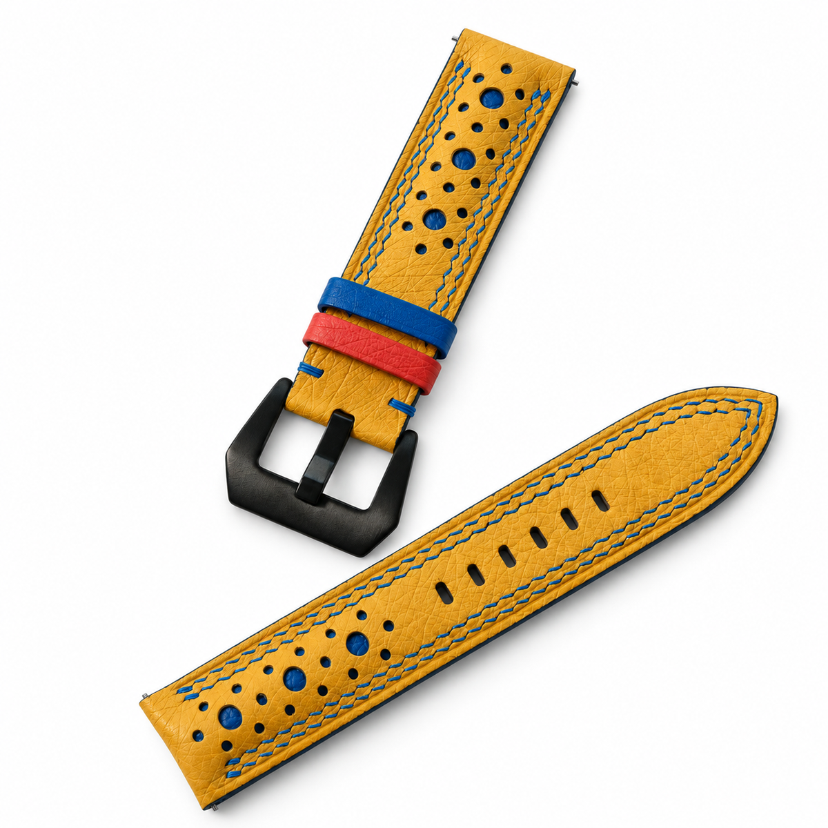 Yellow Ostrich Racing Large Holes Leather Watch Strap - racing holes and quill texture