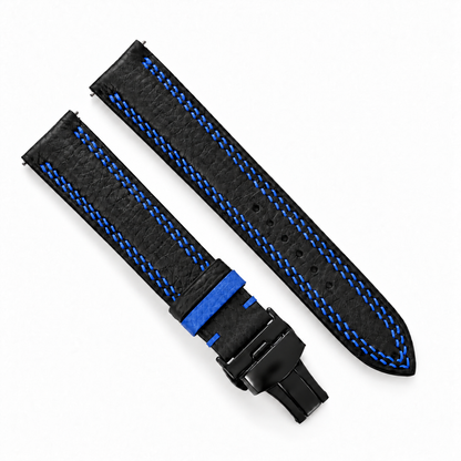 Black Togo Blue Double Stitch Leather Watch Strap - assembled on buckle