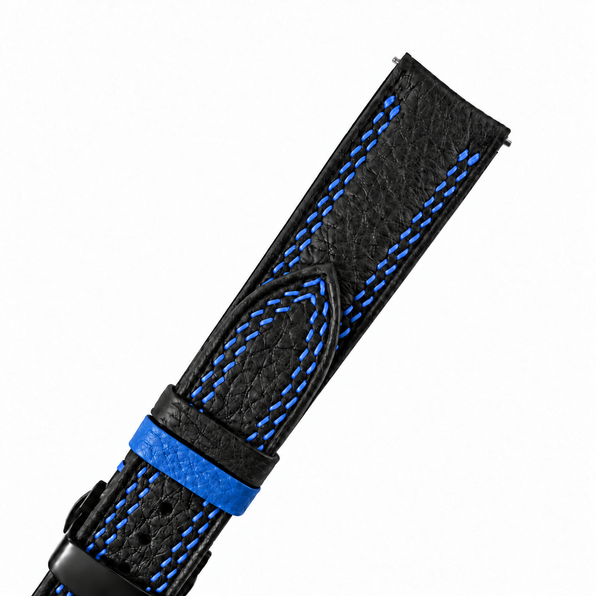 Black Togo Blue Double Stitch Leather Watch Strap - blue double stitch macro