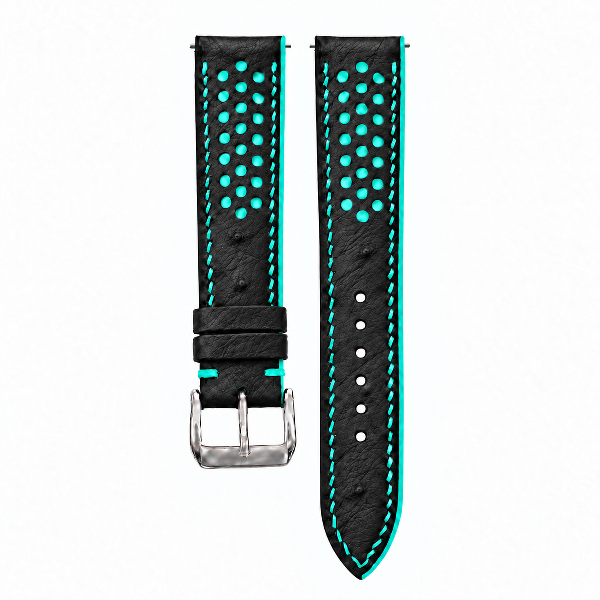 Black and Turquoise Racing Small Holes Ostrich Leather Watch Strap - buckle and tail quill texture