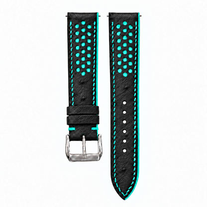 Black and Turquoise Racing Small Holes Ostrich Leather Watch Strap - buckle and tail quill texture