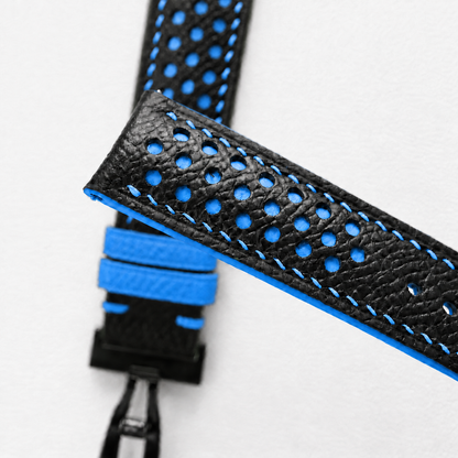 Black and Blue Racing Holes Rally Epsom Leather Watch Strap - Blue Keeper - side profile blue stitch