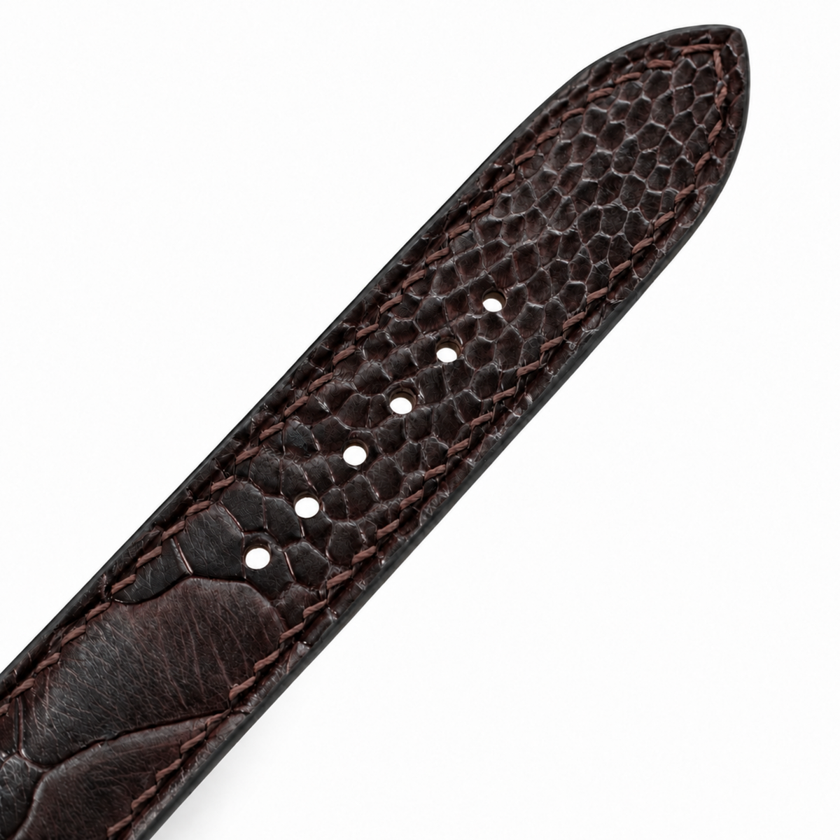 Nicotine Brown Ostrich Leg Leather Watch Strap - tip and holes detail