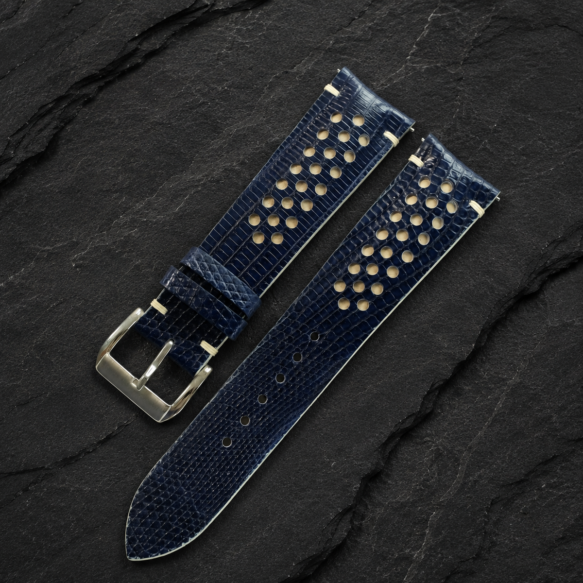 Navy and cream racing rally lizard watch strap, full length with cream stitching