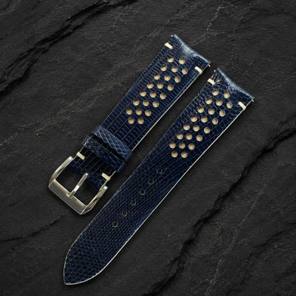 Navy and cream racing rally lizard watch strap, full length with cream stitching