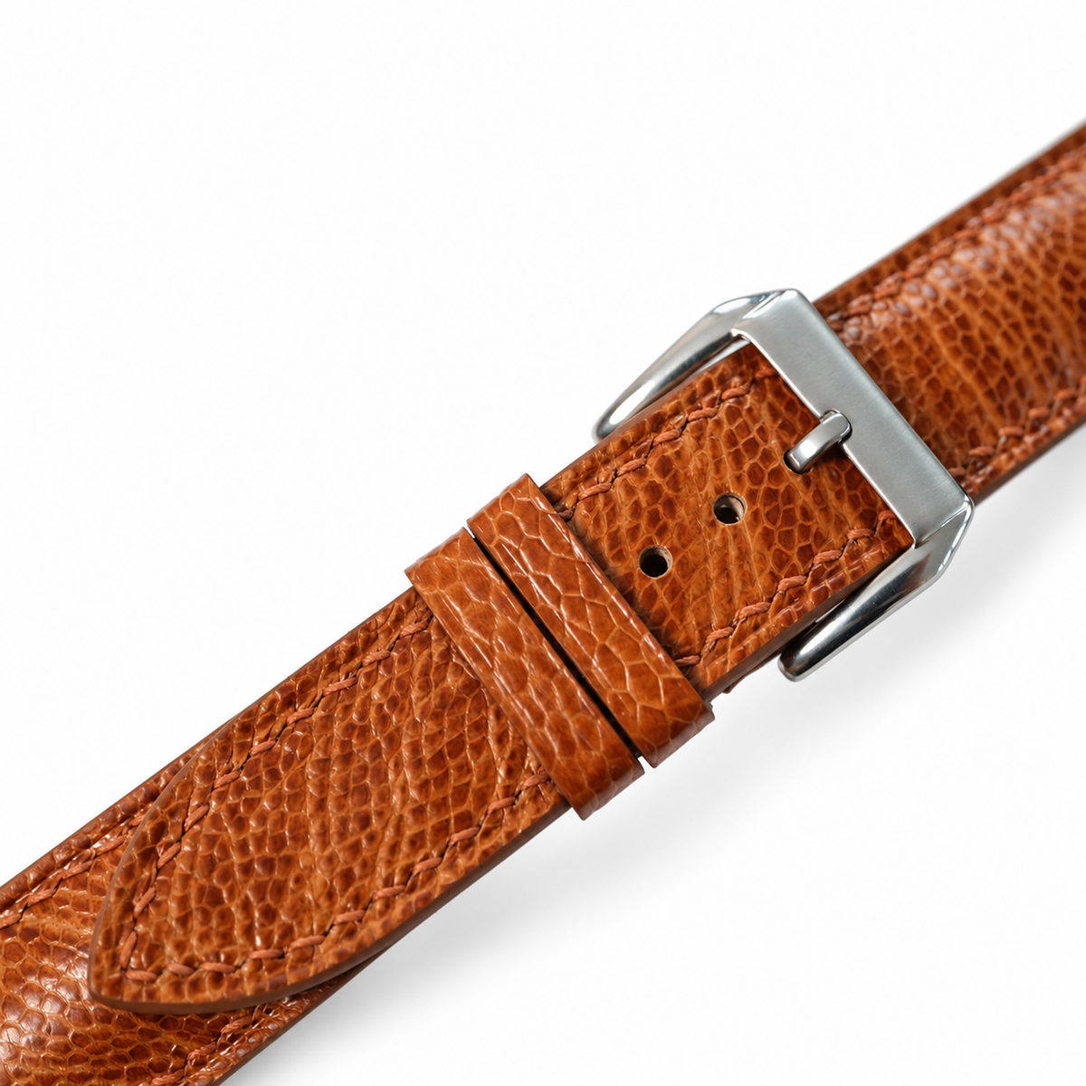 Padded Golden Cognac Small Scale Ostrich Leg Leather Watch Strap - buckle and keepers detail