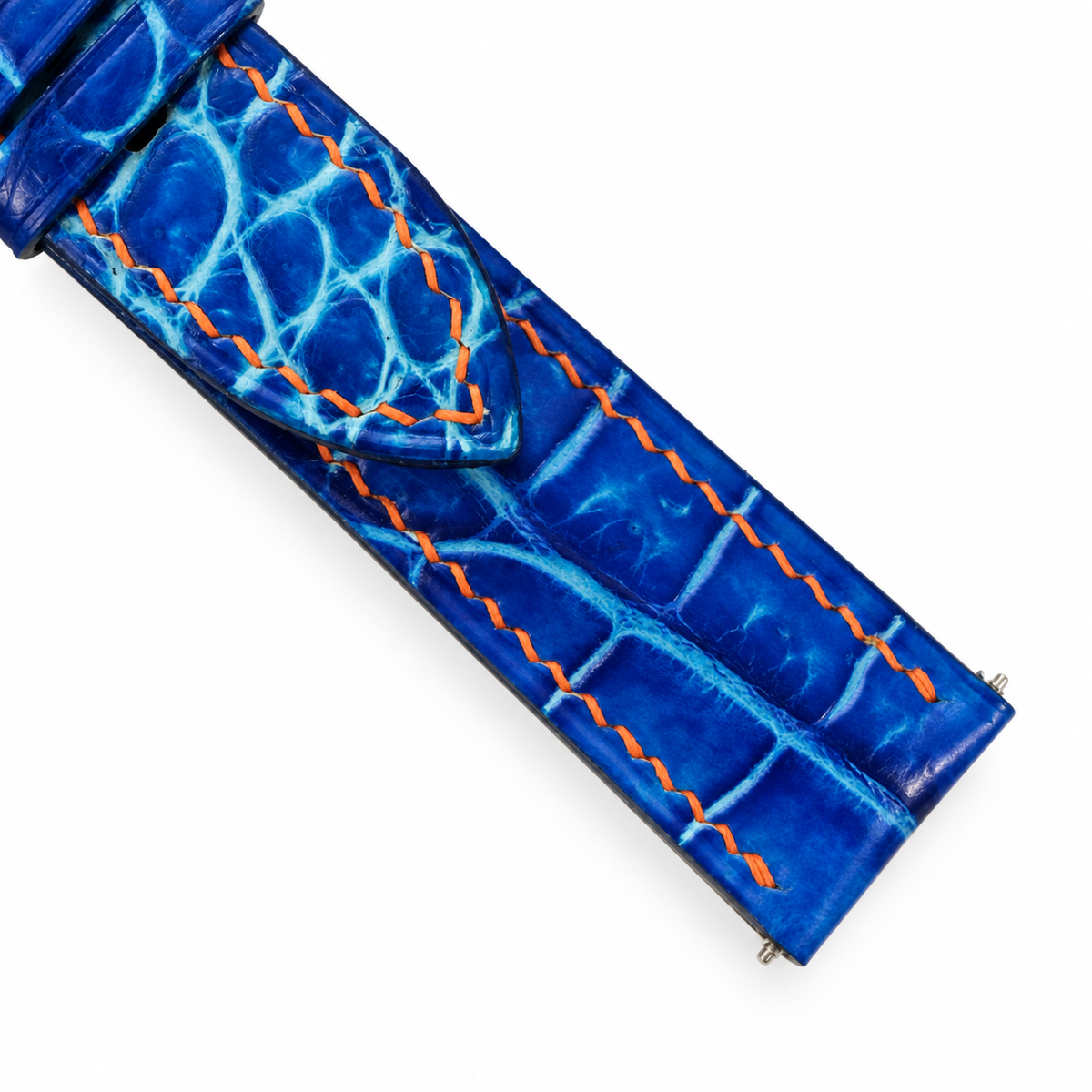 Cobalt Blue Patina Alligator Leather Watch Strap - topside scale macro