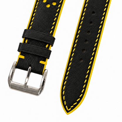 Black and Yellow Racing Holes Rally Swift Leather Watch Strap - two piece diagonal