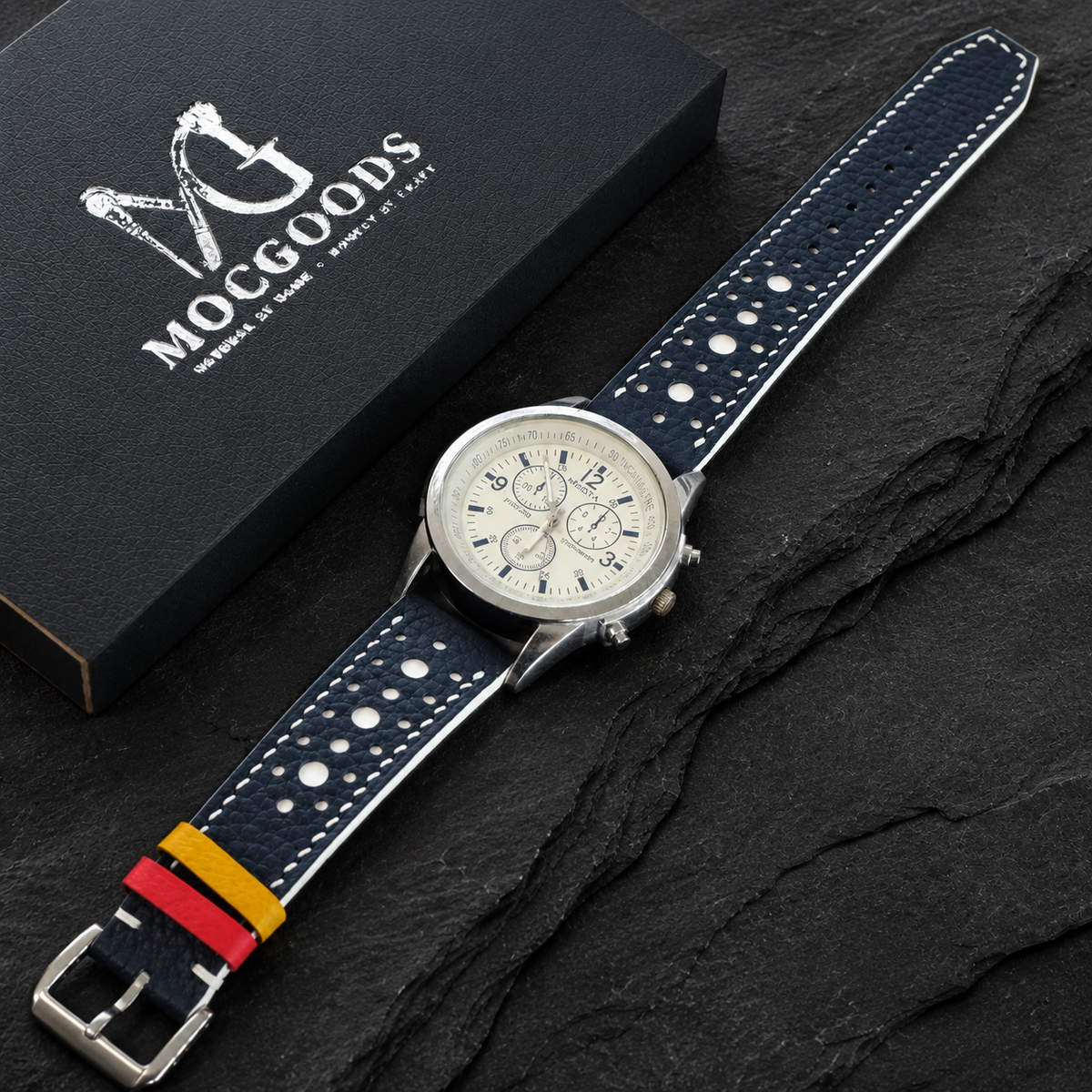 Navy and White Racing Large Holes Rally Togo Leather Watch Strap