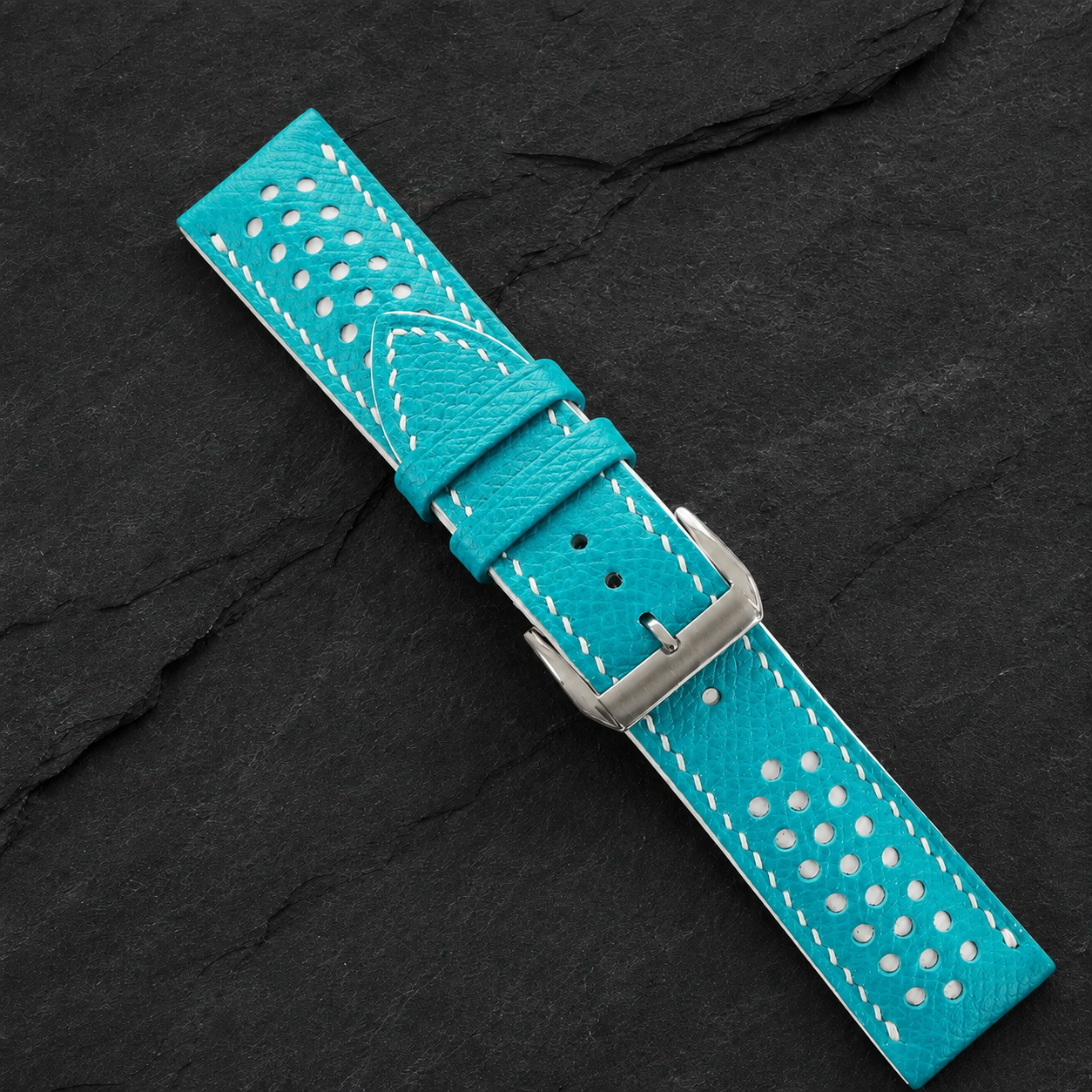 Turquoise and White Racing Small Holes Rally Epsom Leather Watch Strap