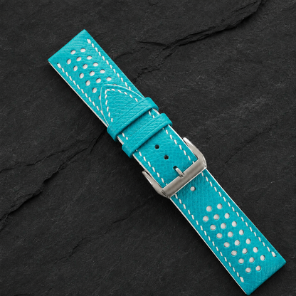 Turquoise and White Racing Small Holes Rally Epsom Leather Watch Strap
