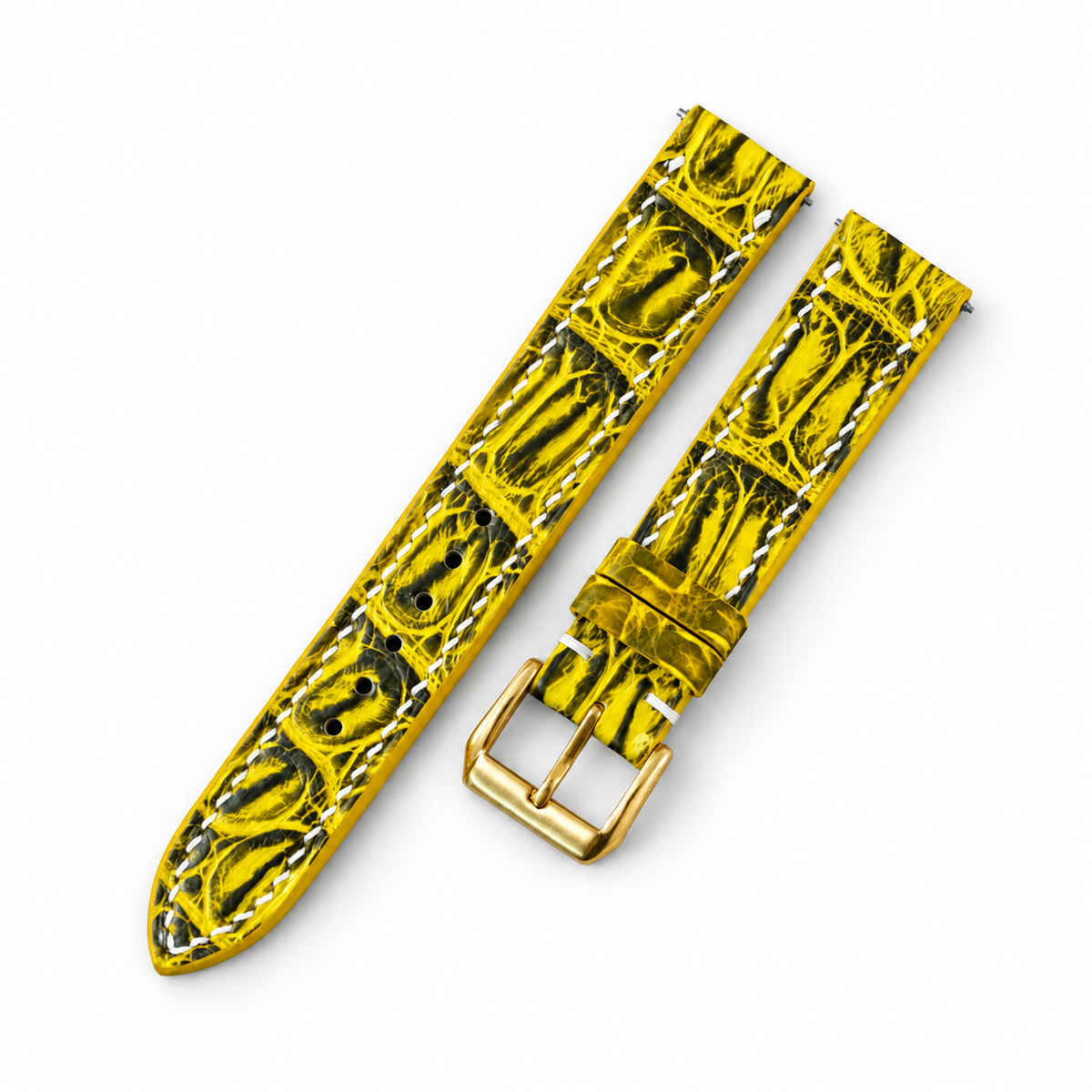 Lemon Yellow Black Patina Alligator Leather Watch Strap - alligator leather texture